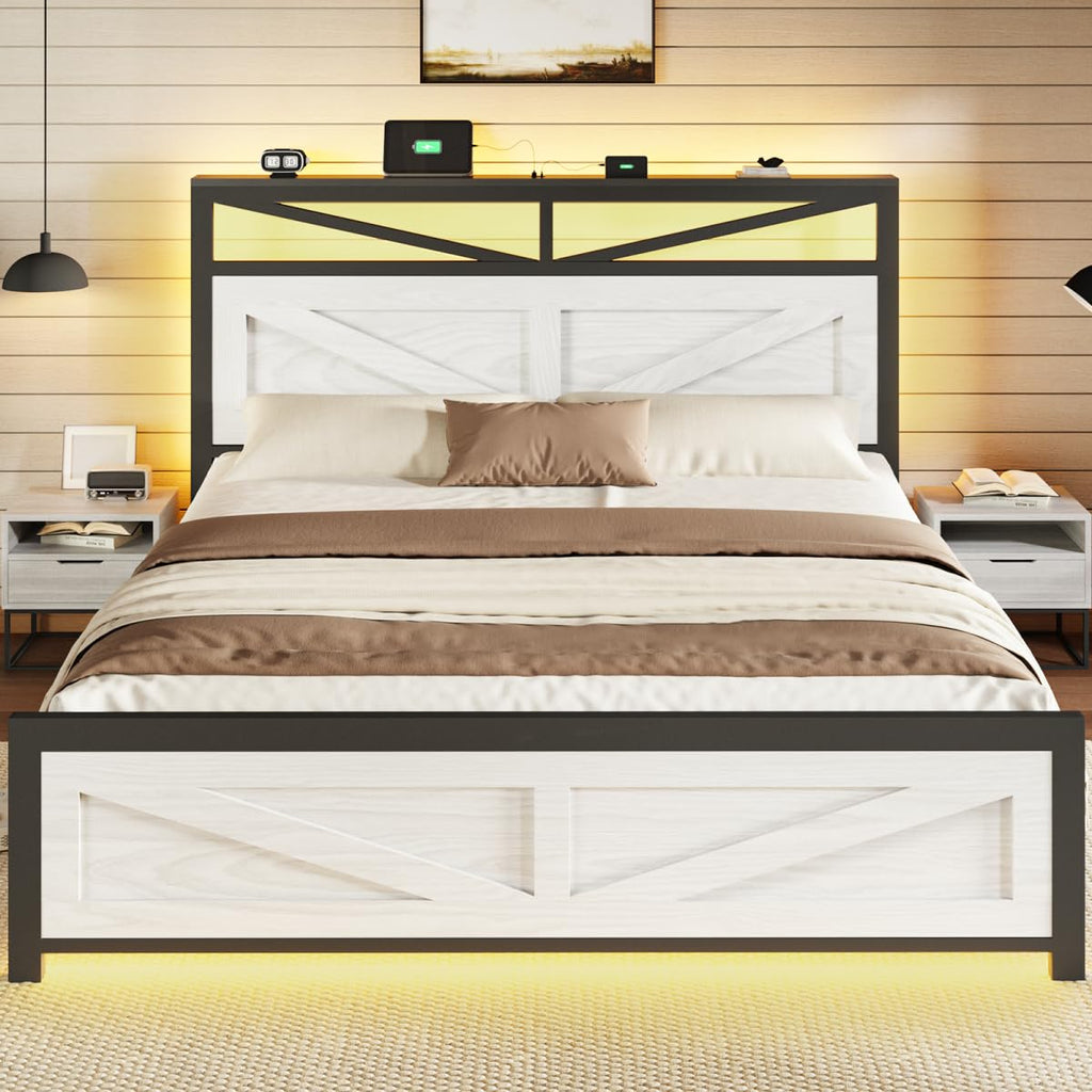 Rustic Bed Frame with Barn Door Headboard and Storage, Farmhouse LED Bed Frame with Charging Station