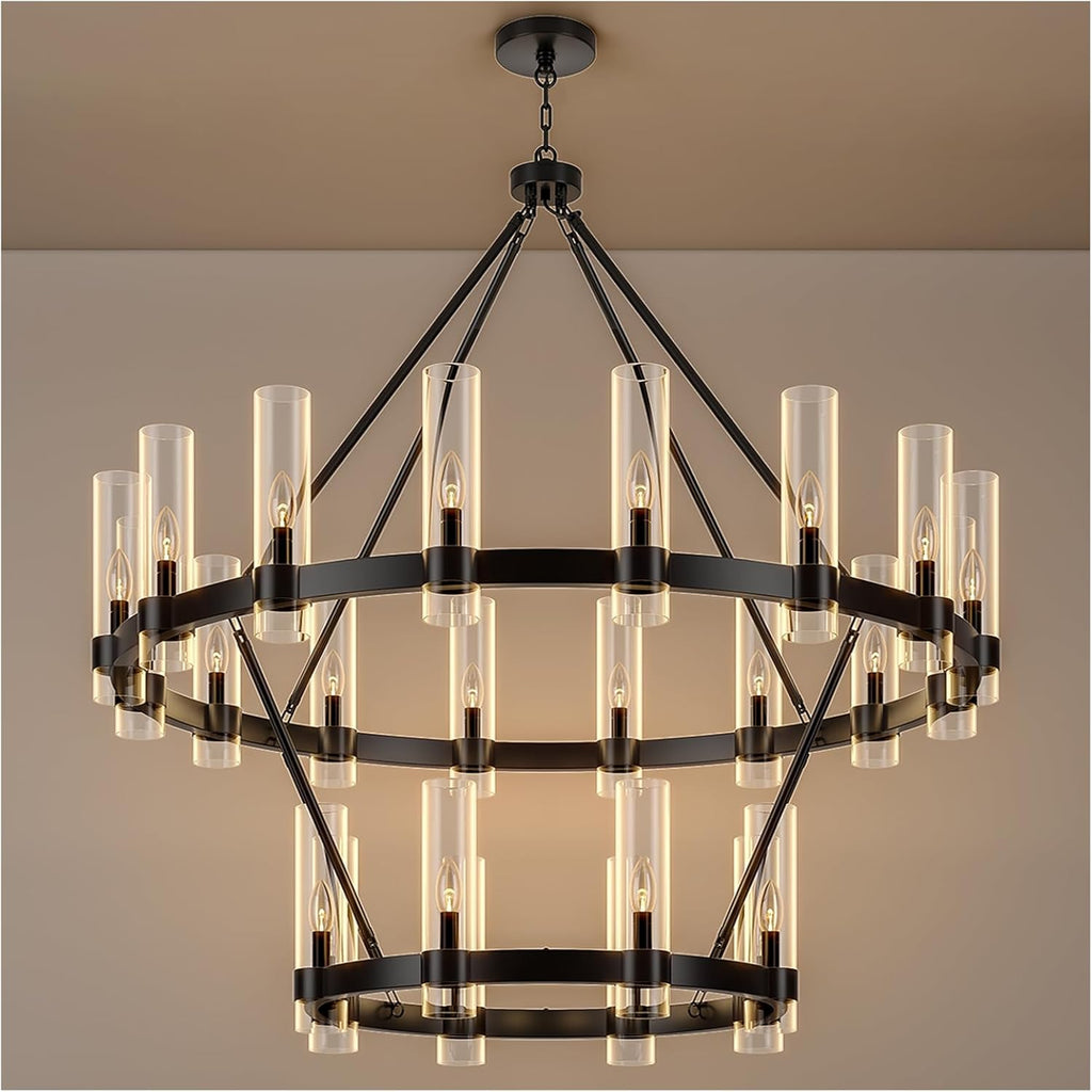 Inspired Ravelle Style 48 Inch Black Wagon Wheel Chandelier 2 Tier with Glass Shade, 24 Lights, Modern Farmhouse Style, Ideal for Dining Room, Kitchen, Entryways