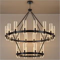 Inspired Ravelle Style 48 Inch Black Wagon Wheel Chandelier 2 Tier with Glass Shade, 24 Lights, Modern Farmhouse Style, Ideal for Dining Room, Kitchen, Entryways
