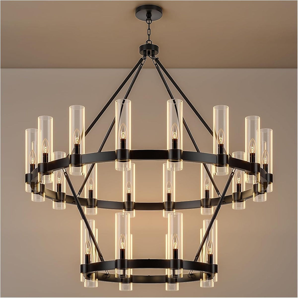 Inspired Ravelle Style 48 Inch Black Wagon Wheel Chandelier 2 Tier with Glass Shade, 24 Lights, Modern Farmhouse Style, Ideal for Dining Room, Kitchen, Entryways