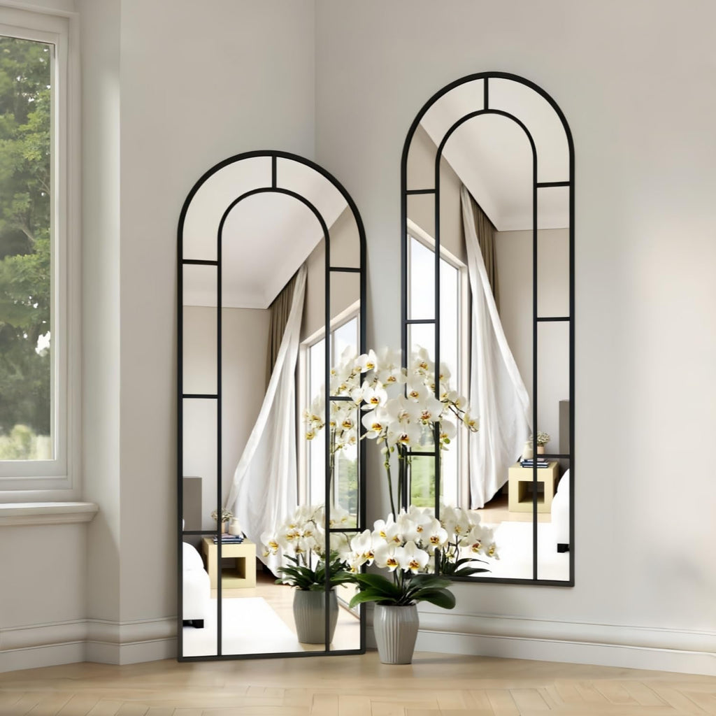 Arched Mirror Full Length, 56"x22" Windowpane Floor Mirror, Black