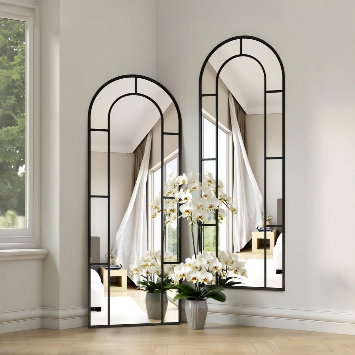 Arched Mirror Full Length, 56"x22" Windowpane Floor Mirror, Black