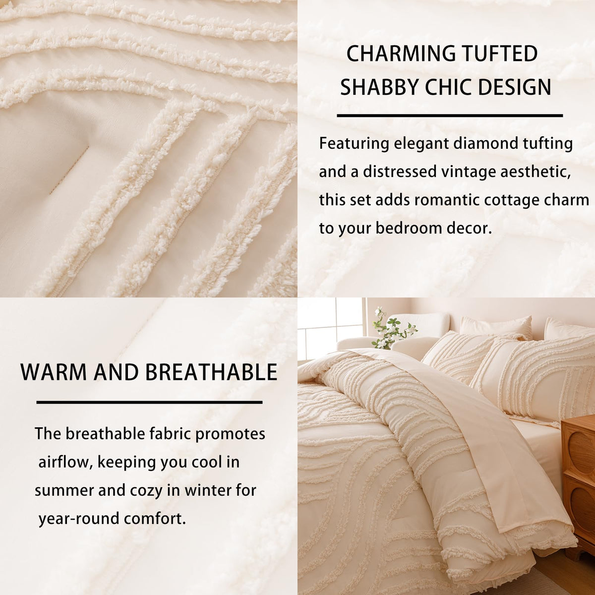 Beige Comforter Set - 7 Pieces Bed in a Bag, Premium Comforters Bed Set Tufted Shabby Chic Bedding