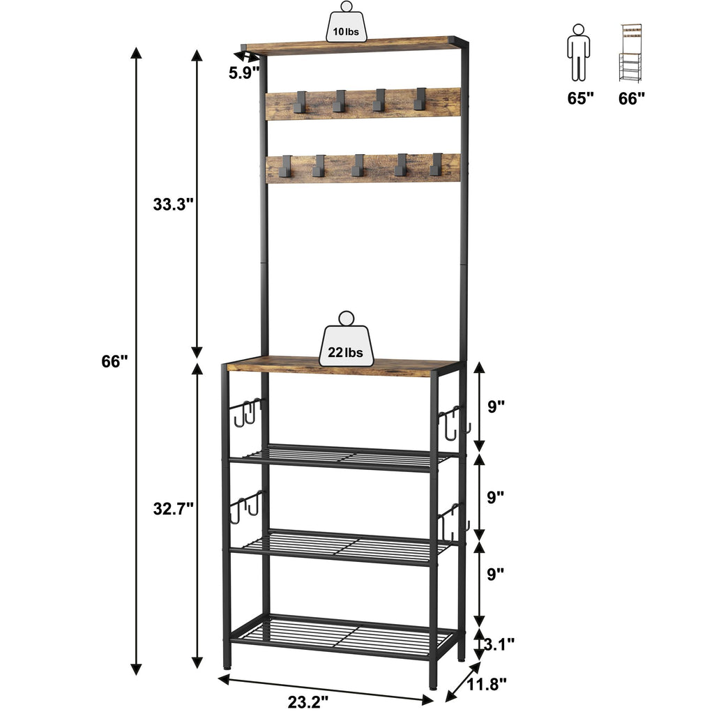 Coat Rack with Shoe Storage, 5-Tier Shoe and Coat Rack with 9 Clothes Hooks, Freestanding Hall Tree Organizer