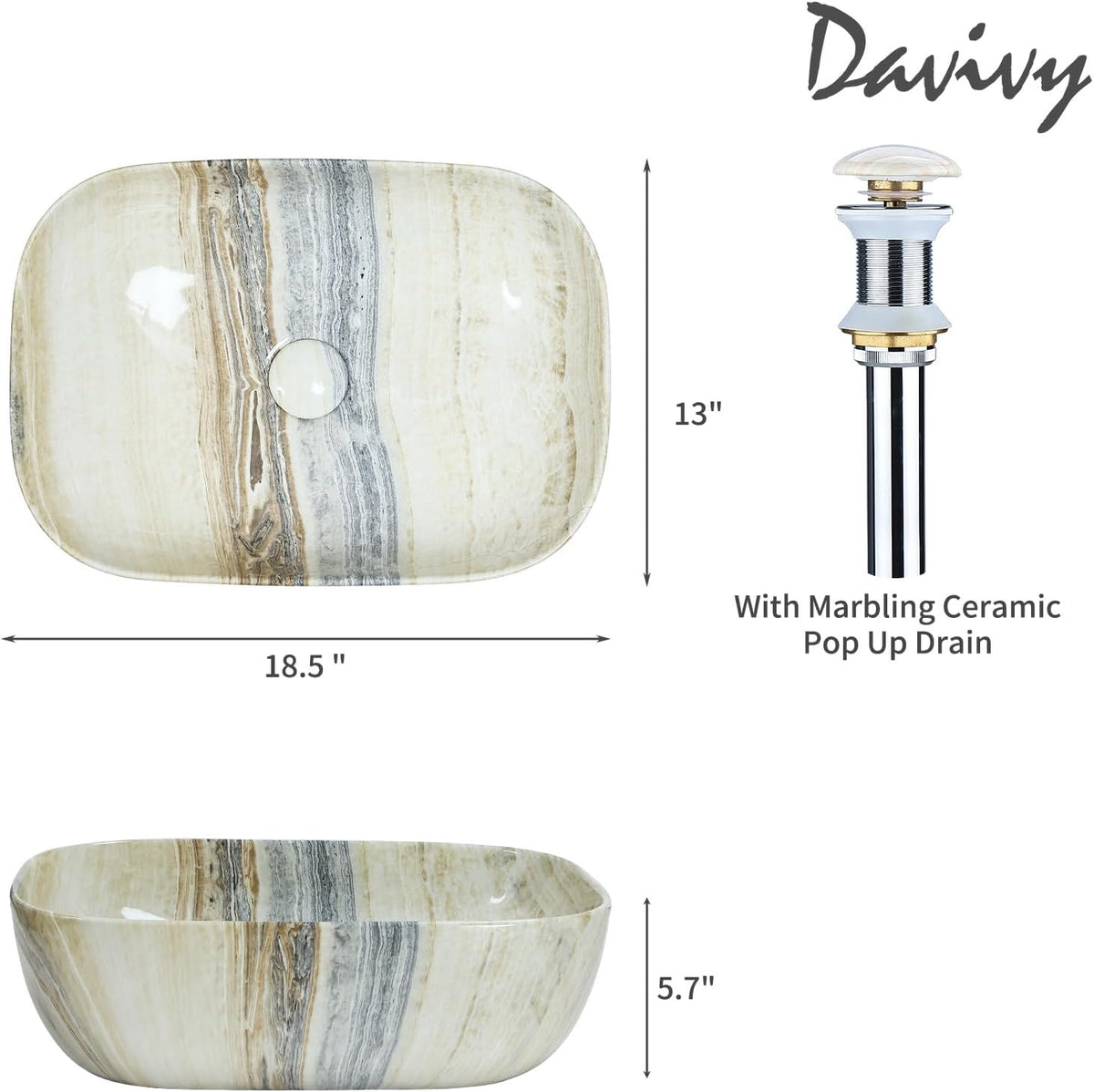 18.3"×13" Marbling Rectangle Bathroom Vessel Sink with Pop Up Drain,Nordic Ceramic Vessel Sinks,Bathroom Sinks