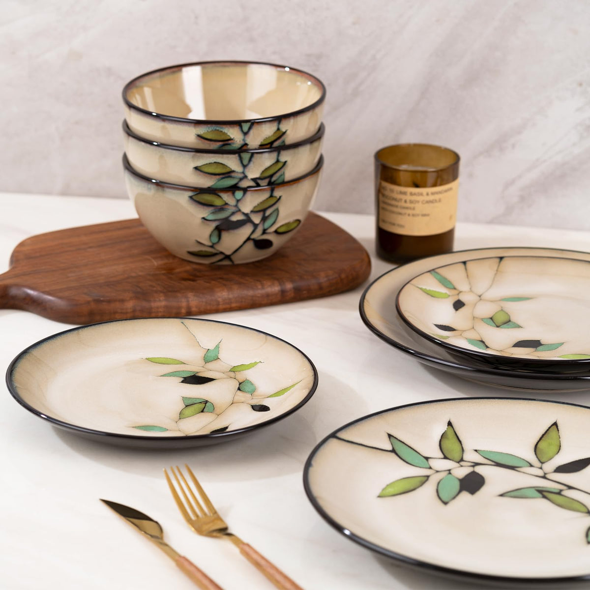 Bamboo Leaf Ceramic Dinner Plates Set of 12, Porcelain Dinnerware for Steak/Salad/Pasta/Dessert, Perfect , Party