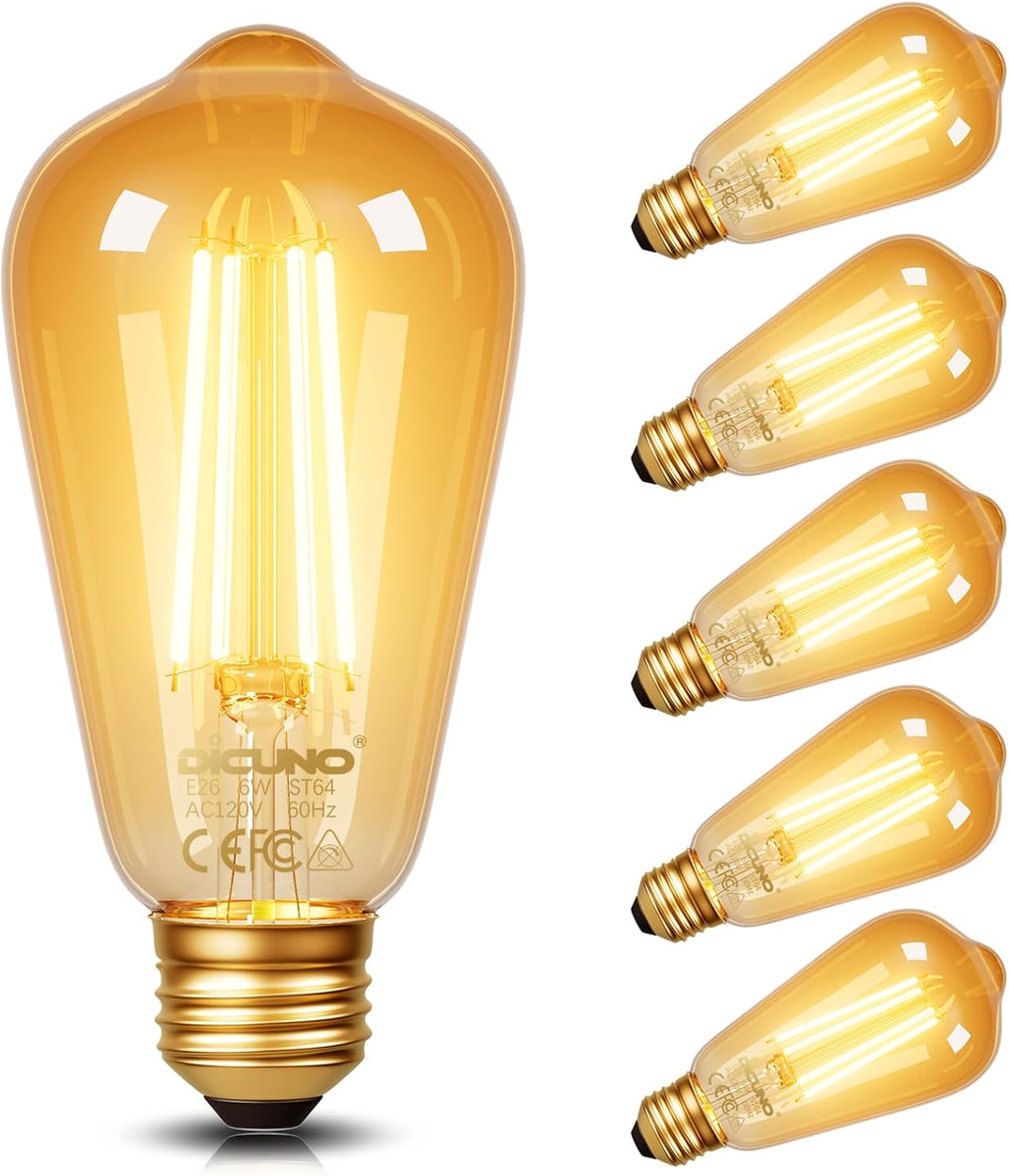 E26 Edison Bulbs 60W, 2200K Amber Warm, Amber Glass, 600LM, 6-Pack