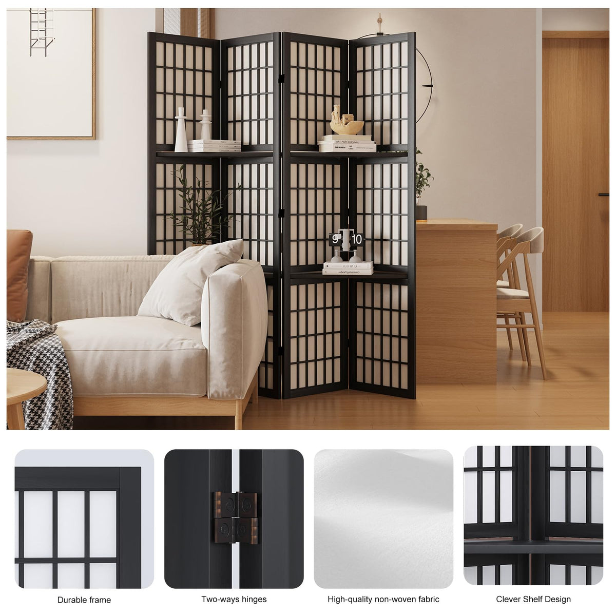Room Divider with Shelves, 66.9-Inch Tall Japanese Shoji Style Wood Screen with Double Hinges Bedroom Hotel