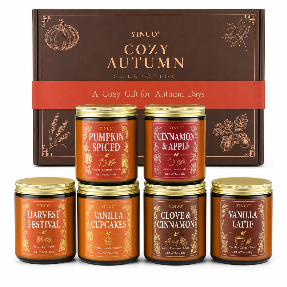 Fall Scented Candles Gift Set, 6 x 7 oz Cozy Autumn Collection Candles