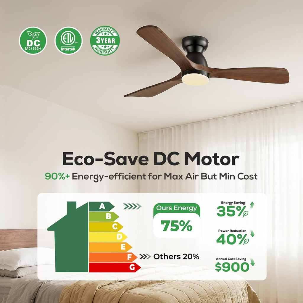 60" Walnut Indoor/Outdoor Smart Flush Mount Ceiling Fan with Light & Remote