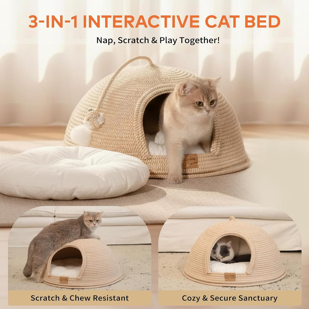 Cat Cave Bed with Washable Cushion and Ball, Handwoven Cotton Rope Cat Basket Bed for Indoor Cats Bed Covered, 3-in-1