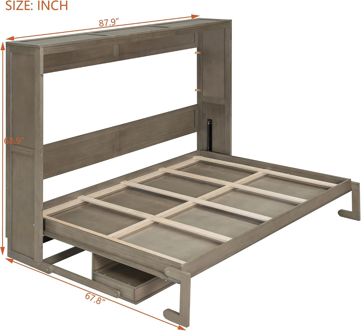 Queen Horizontal Murphy Bed with Desk and Storage Drawers & Mirror, Wood Farmhouse Folding Murphy Bed Cabinet with Storage Drawers and Vanity Desk, for Adults (Distressed Gray)