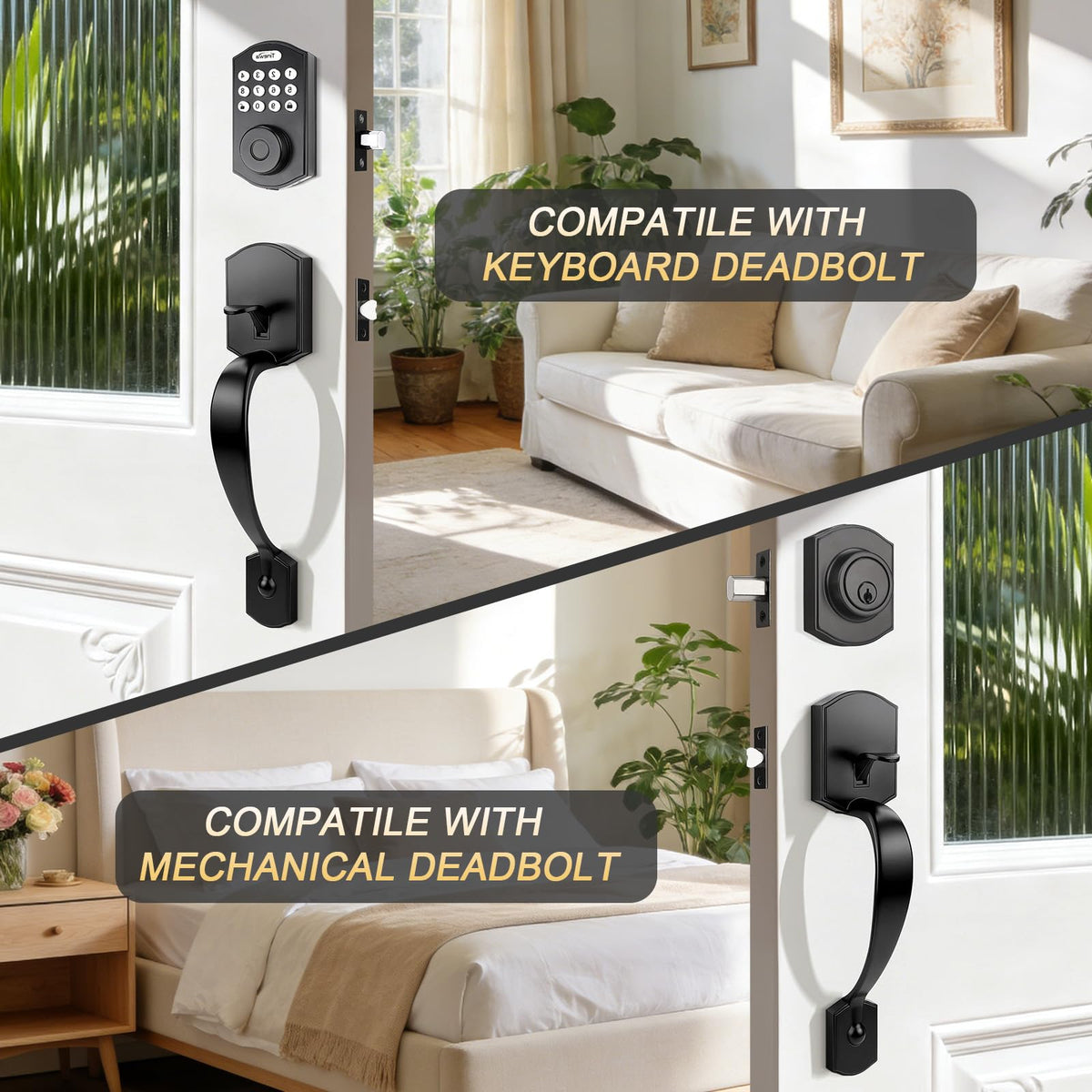 Black Front Door Handle No Lock, Exterior Door Handle, Matte Black