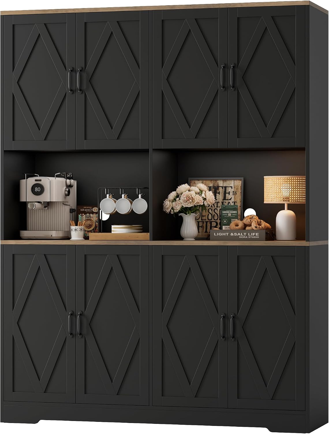 55" W Pantry Cabinet, 71" Tall Kitchen Hutch Storage Cabinet, Black