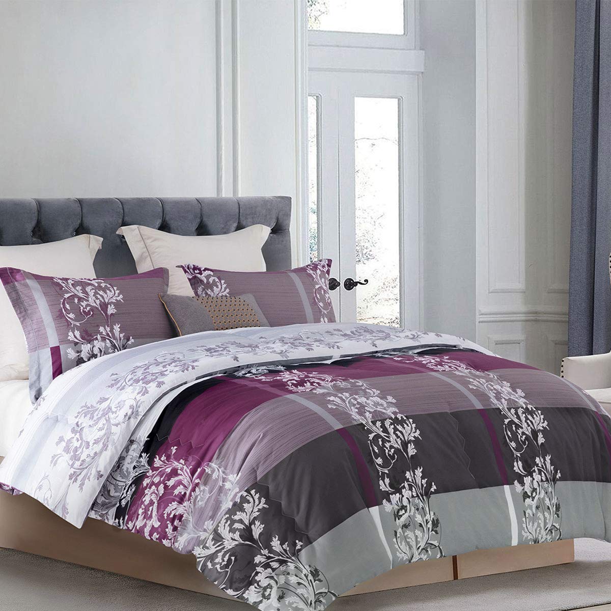 Comforter Twin Size, 600 Thread Count Cotton Grey Paisley & Purple Comforter Sets, Down Alternative Bedding Set