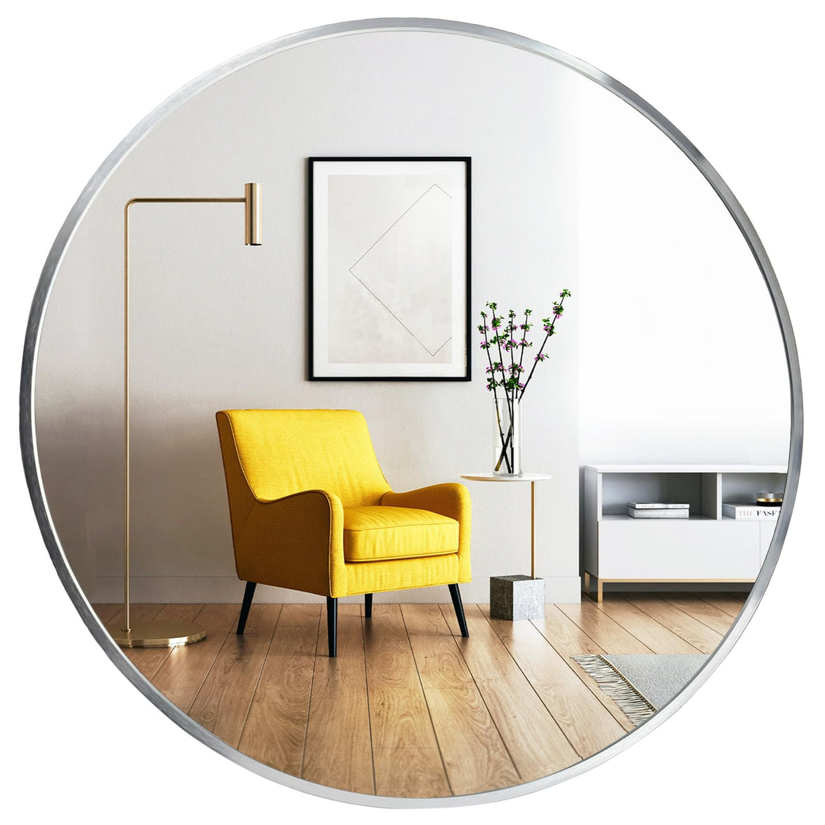 Round Mirror, 24 inch Silver Circle Mirror,Bruhsed Nickel Metal Frame