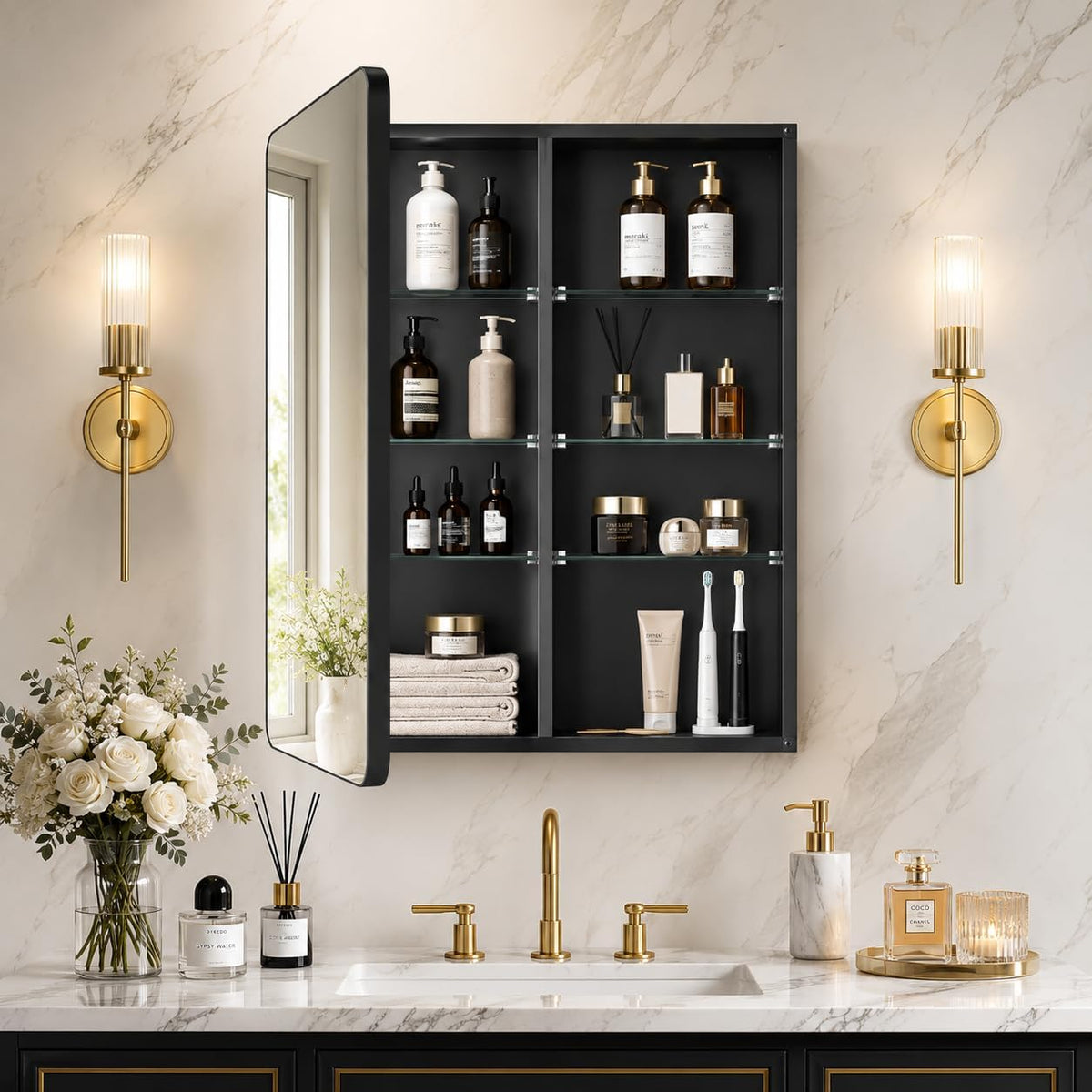 Medicine Cabinet 20x30 Inch, Bathroom Wall Mirror Cabinet with Storage, 6-Tier Adjustable Glass Shelving, Waterproof