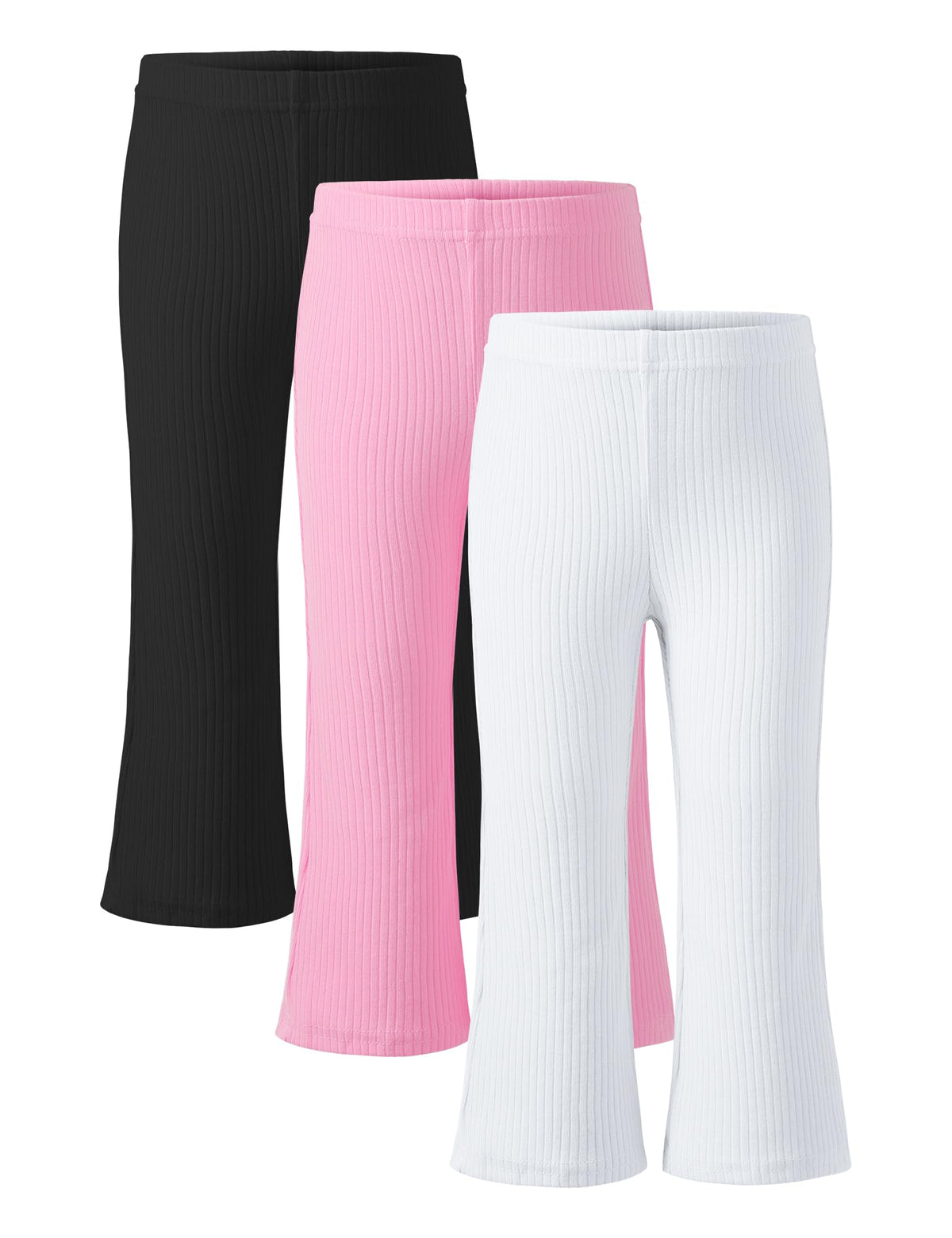 3 Pack Toddler Girl Flare Pants Baby Girls Ribbed Leggings Infant Bell Bottoms Clothes Black+White+Pink