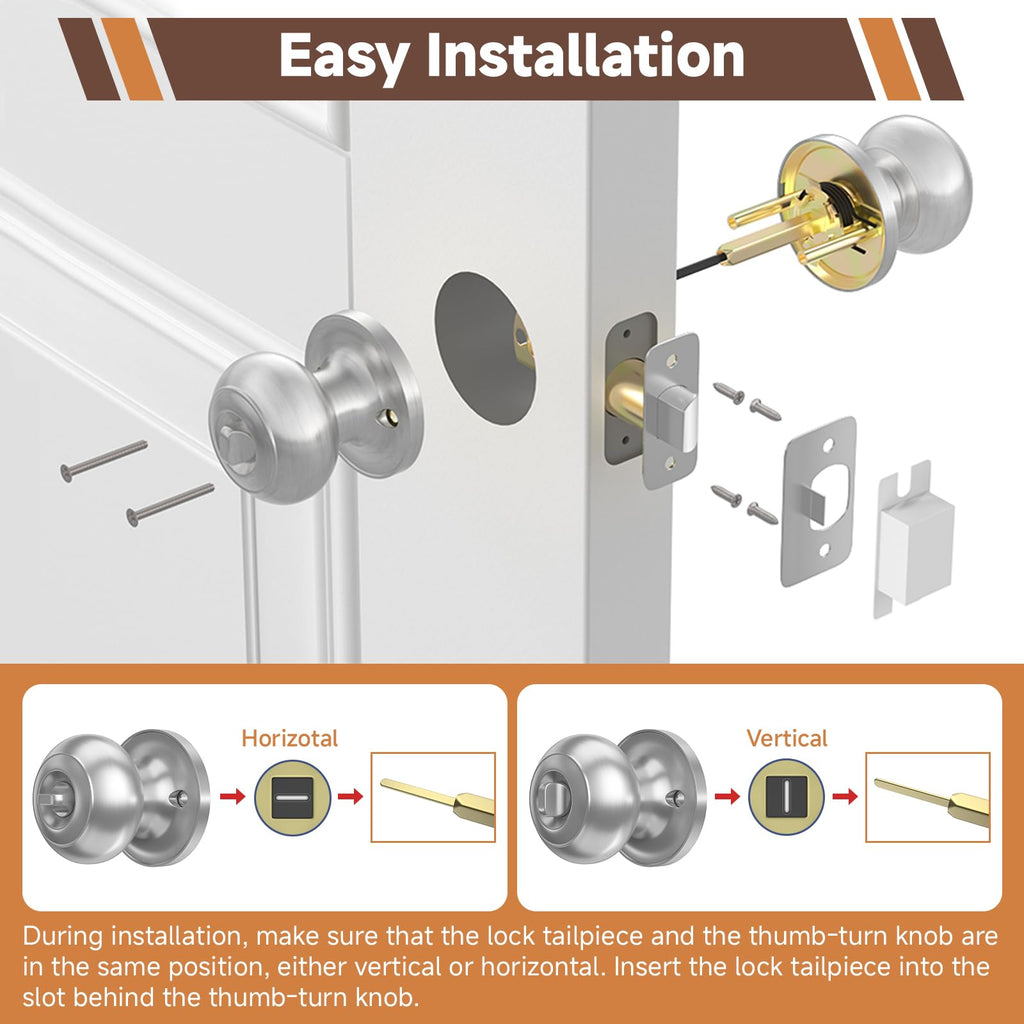 5 Pack Door Knobs Brushed Nickel Interior Keyless Door Lock Privacy Door Handle, Round Ball Silver Knobs Bedroom