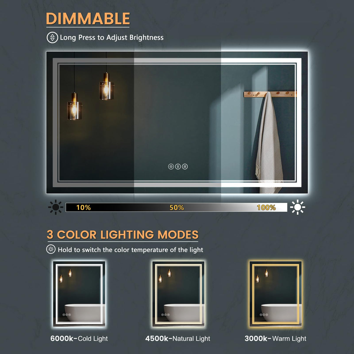 55x30 Inch Lighted Bathroom Mirror for Wall, Tempered Glass Smart Led Bathroom Mirror with Anti-Fog, Stepless