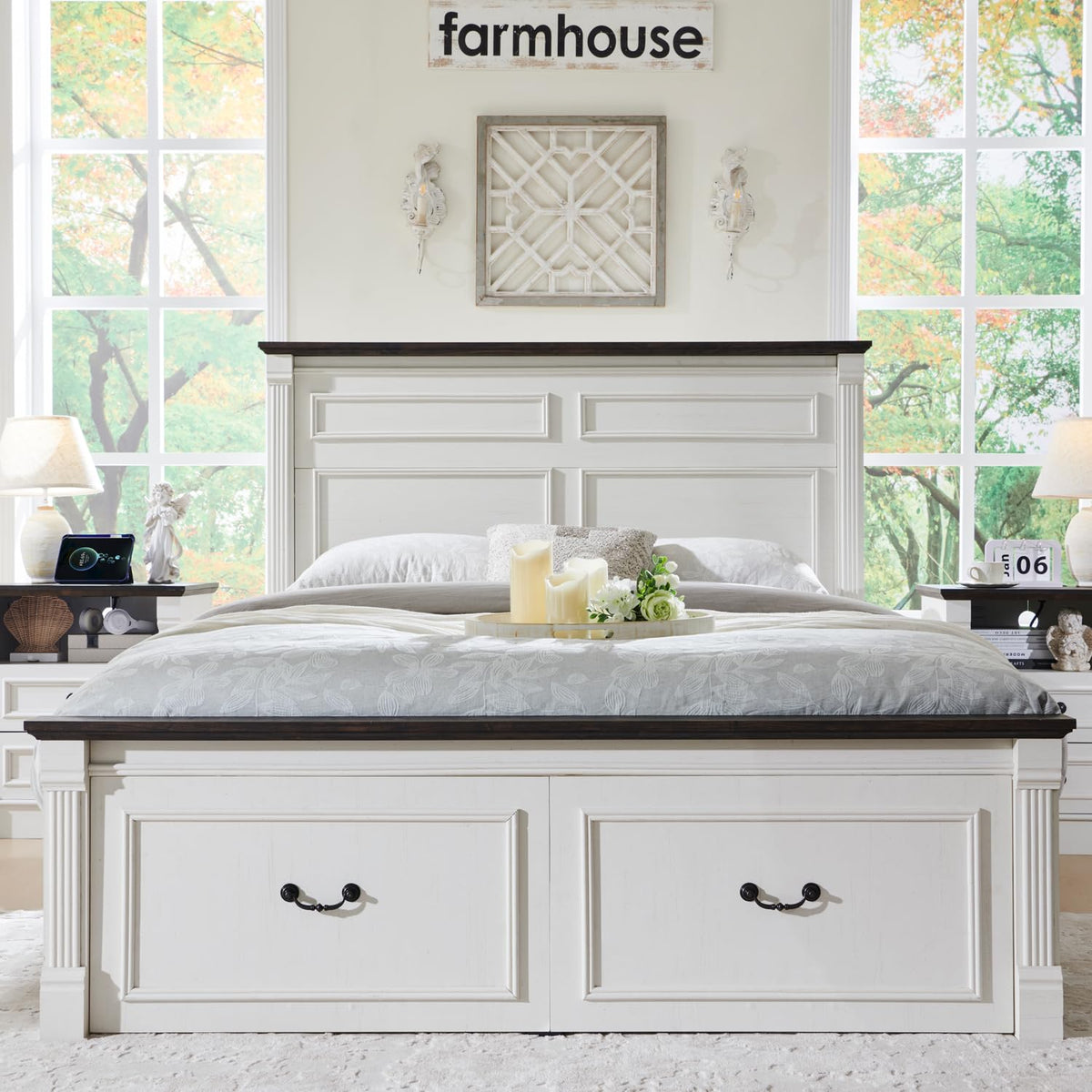 Farmhouse Bed Frame w/51 Tall Headboard, Antique White