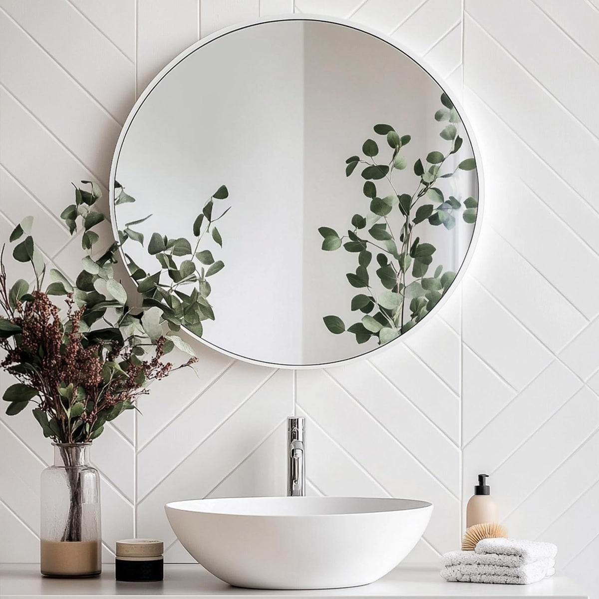 Round Mirror, 24 inch White Circle Mirror, White Metal Frame Circular