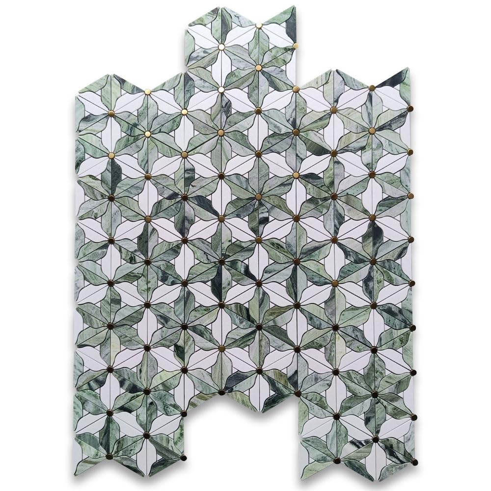 Thassos White Sagano Vibrant Green Marble Lily Bouquet Flower Leaf Mosaic Tile w/Brass Pistil Honed Kitchen Bath Wall