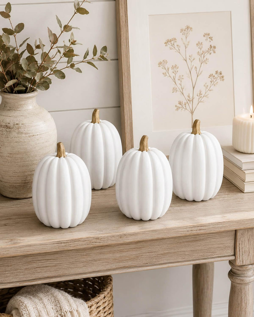 8 Inch White Artificial Pumpkins, 4 Pack Foam Pumpkins for Fall Decor
