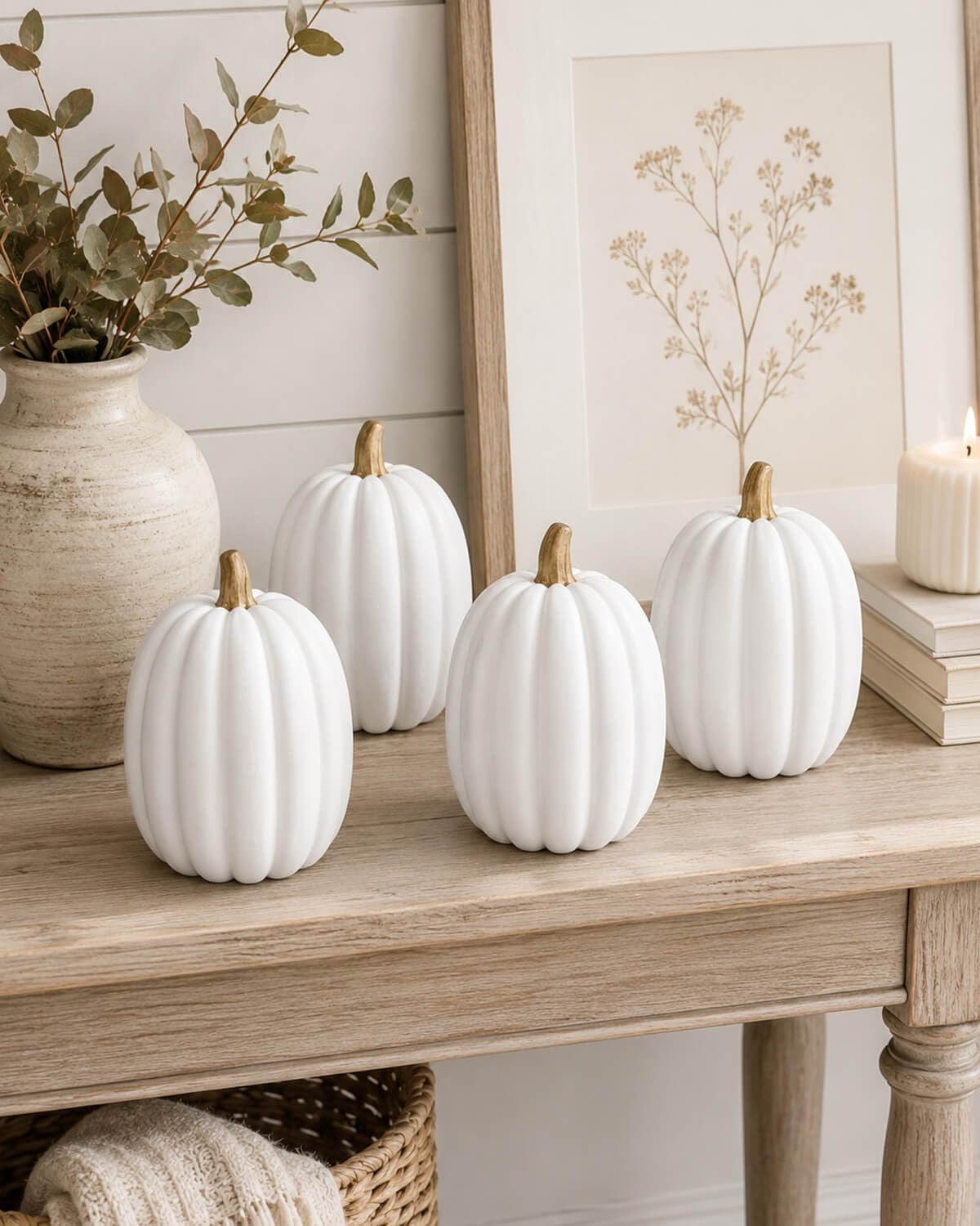 8 Inch White Artificial Pumpkins, 4 Pack Foam Pumpkins for Fall Decor
