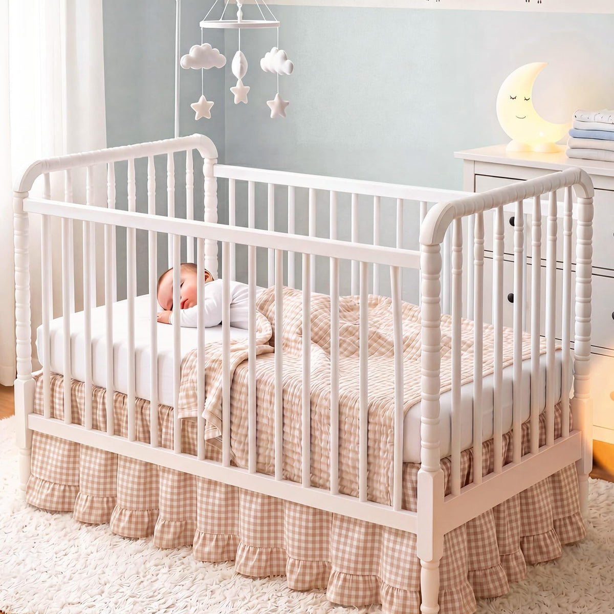 Gingham Crib Skirt Dust Ruffle 52 x 28 Inch 100% Cotton, Beige