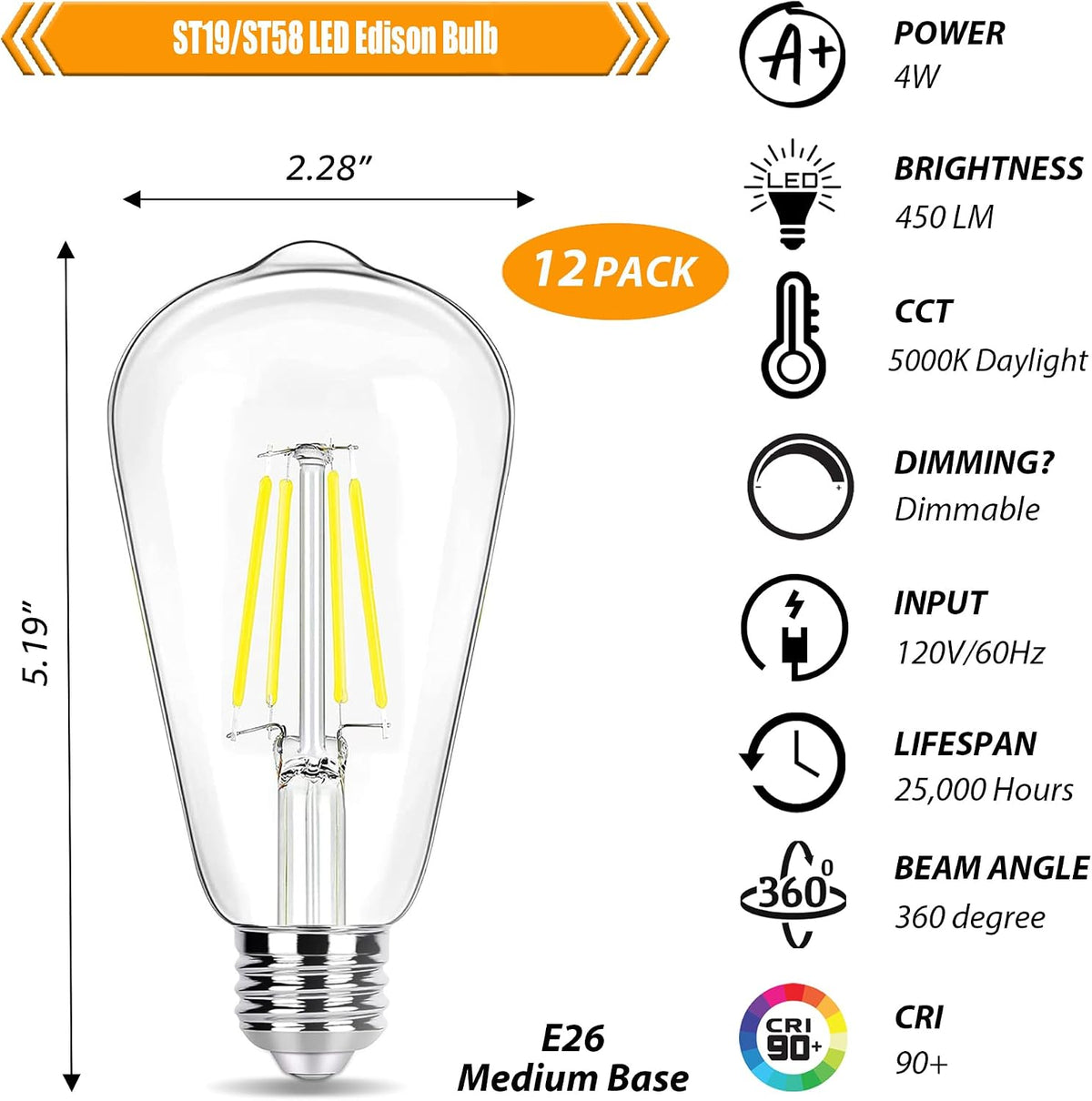 Dimmable LED Edison Bulb 40W Equivalent, 5000K Daylight, 12 Pack