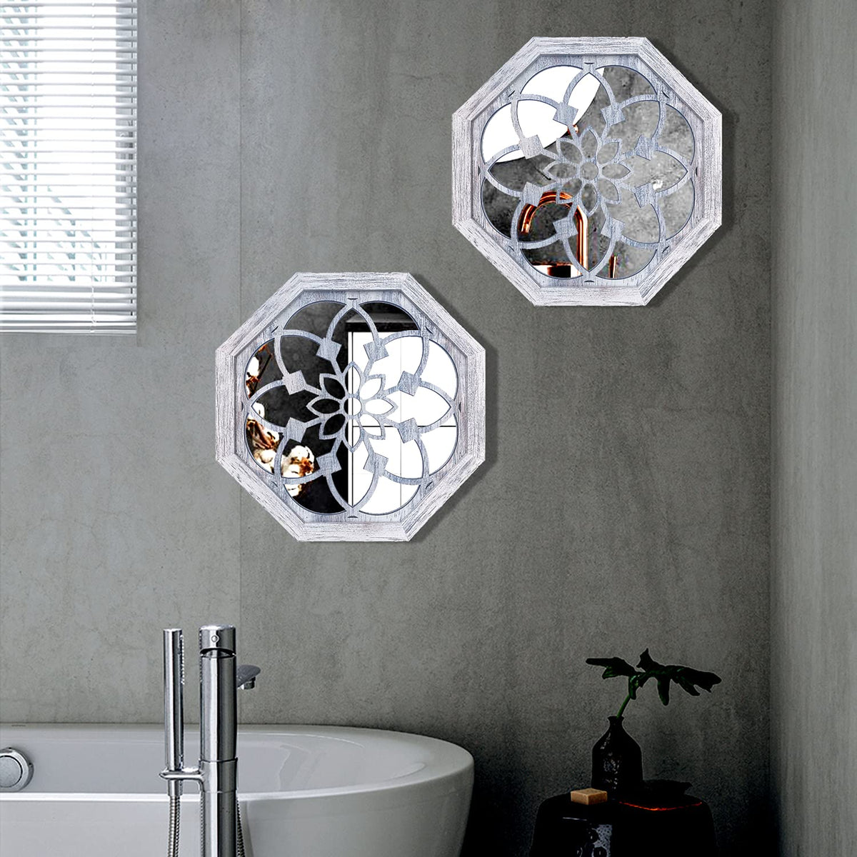 2 PCS Octagon Wall-Mounted Mirrors,Vintage Farmhouse Mirror for Wall Decor,Rustic White Color Decorative Accent