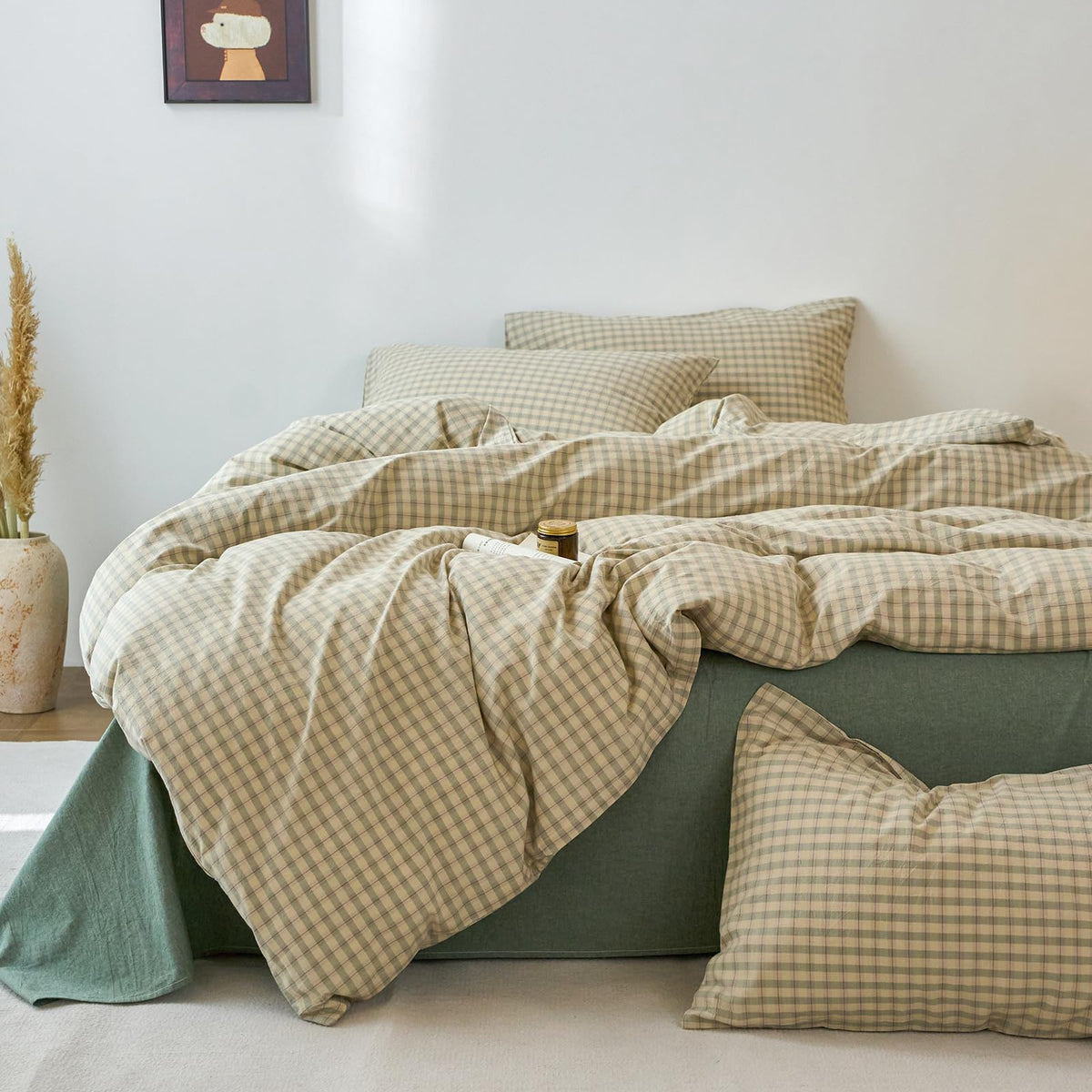 Green Gingham Duvet Cover Set 100% Washed Cotton Grid Duvet Cover Vintage Green Beige Plaid Checkered Bedding