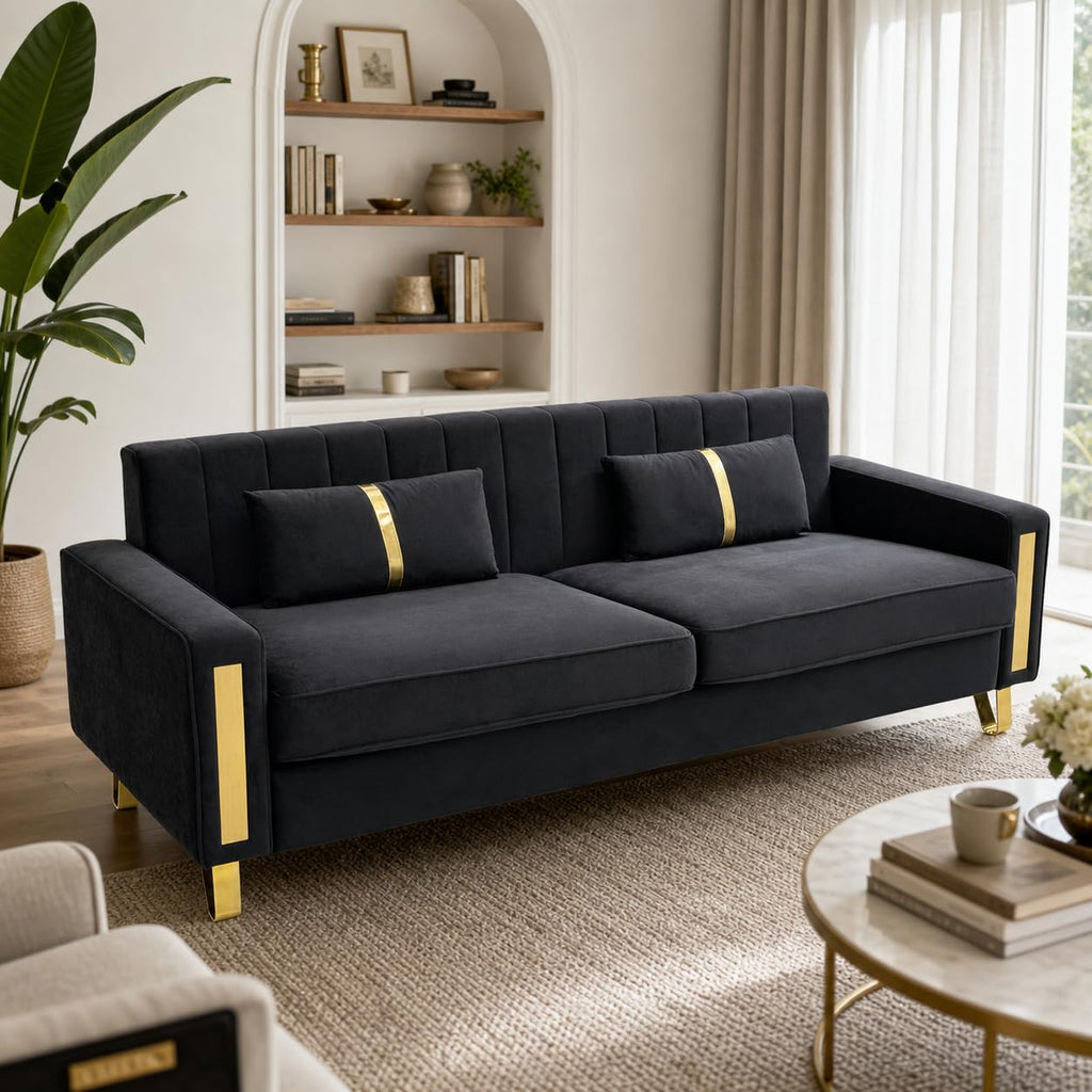 2-Piece Loveseat Couch Set, 86" Black 3-Seater Velvet Sofa Couch with 4 Pillows & Gold Metal Legs, Modern