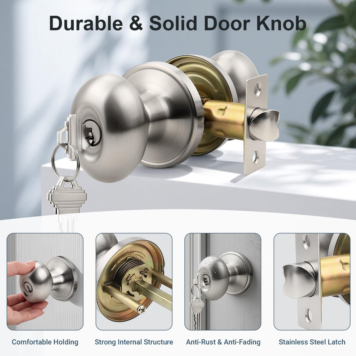 6 Pack Brushed Nickel Door Knob with Lock and Key, Egg Shaped Oval Door Knob Keyed Alike Doorknob /Bathroom/Office