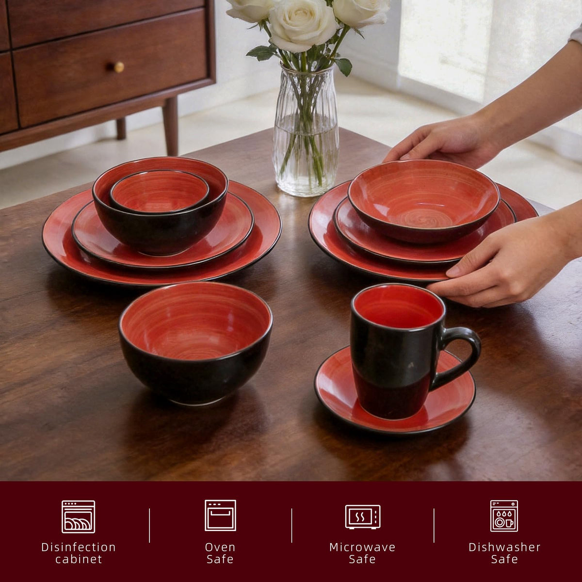 Stoneware Sonoma Dinnerware Set, Black + Speckled Spin Wash (56pc Set, Red)