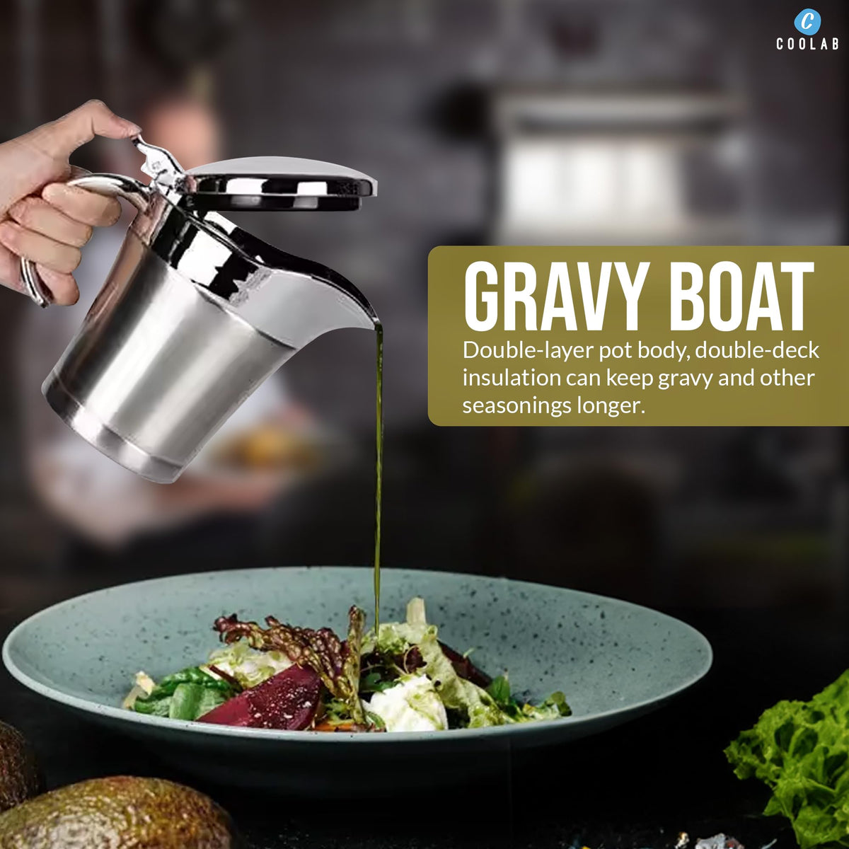 Stainless Steel Gravy Boat with Lid - Double Insulated Gravy Pitcher for Hot & Cold Sauces - Elegant Sauce Boat