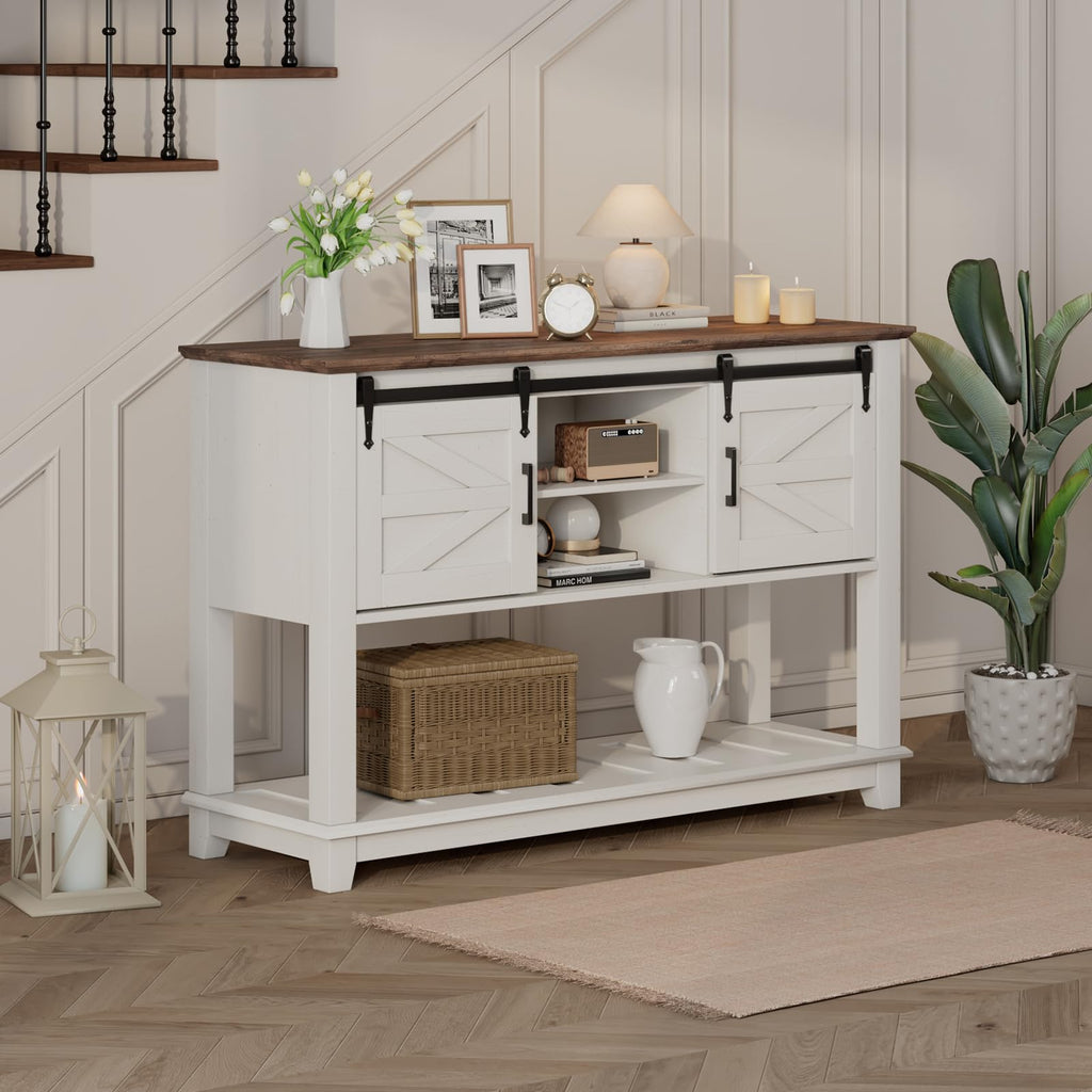 46" Farmhouse Console Table with Sliding Barn Doors, Antique White