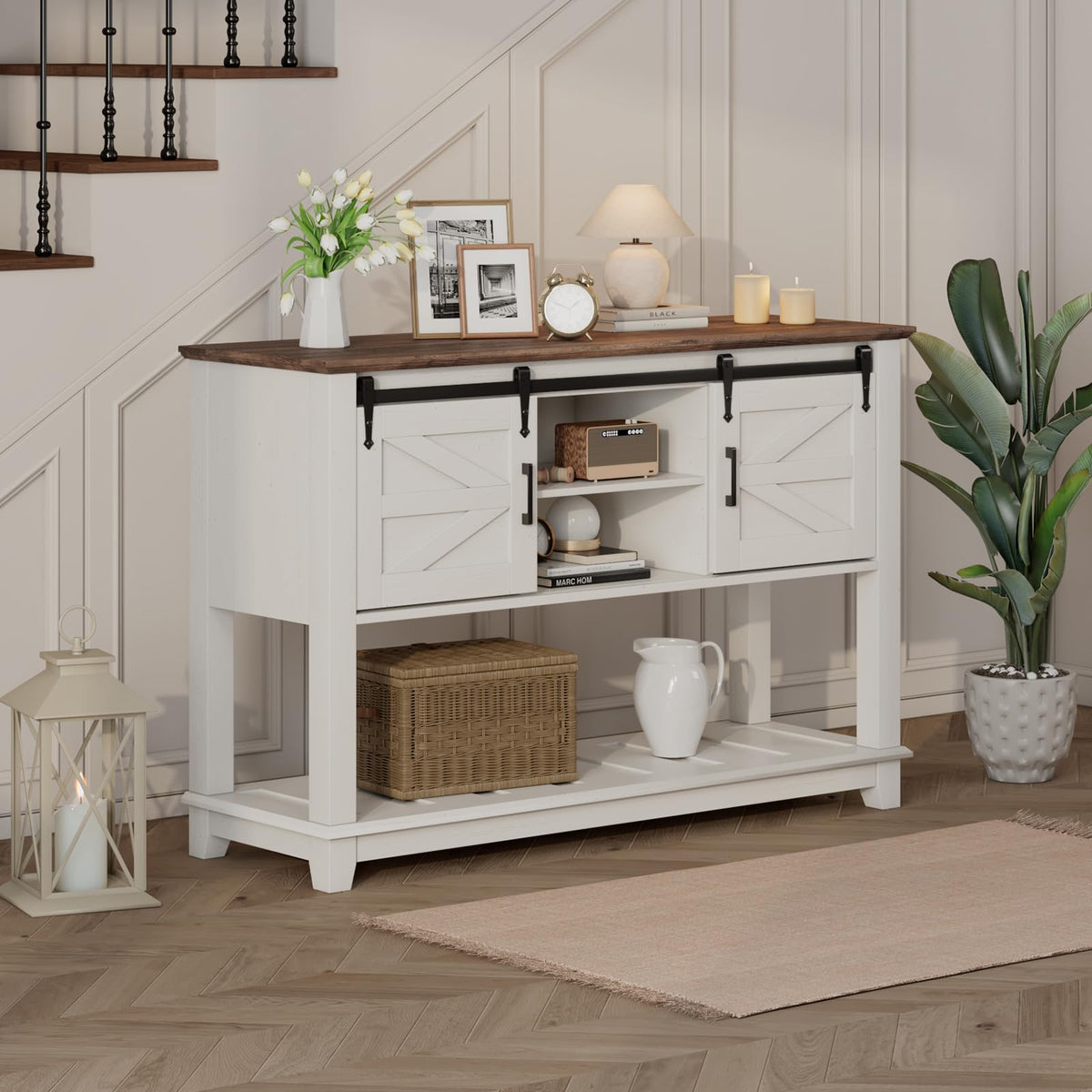 46" Farmhouse Console Table with Sliding Barn Doors, Antique White