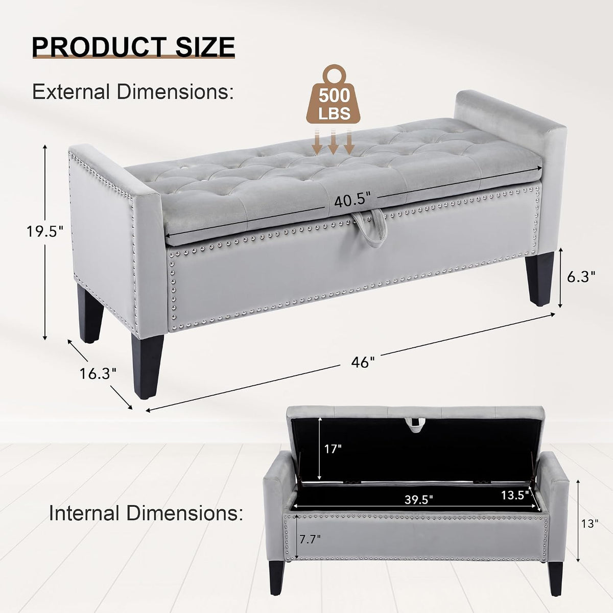 Velvet Storage Ottoman Bench, 46'' Upholstered Button Tufted End of Bed Bench, Modern Storage Bench , Grey
