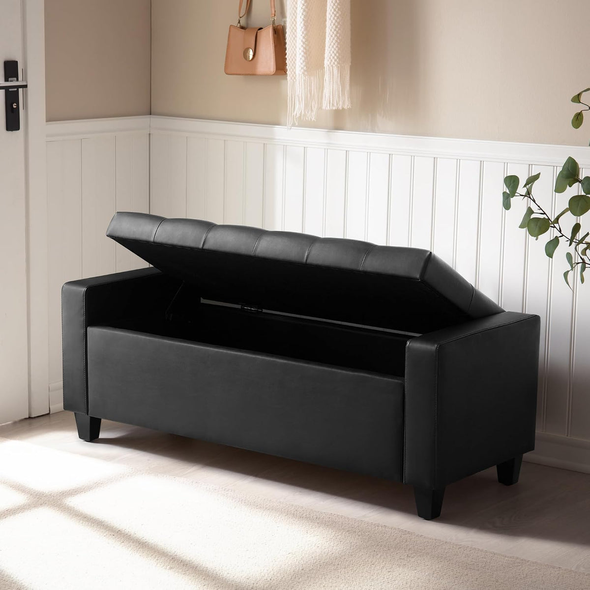 Ottoman with Storage, PU Leather Storage Ottoman Bench | Storage Bench with Safety Hinge,Bedroom Benches with Seating