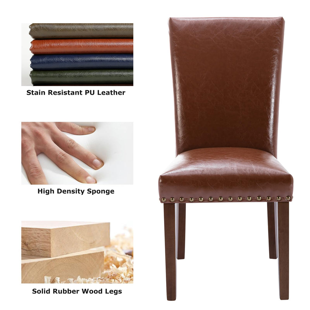 Upholstered Parsons Dining Chairs Set of 2, PU Leather Dining Room Kitchen Side Chair with Nailhead Trim and Wood