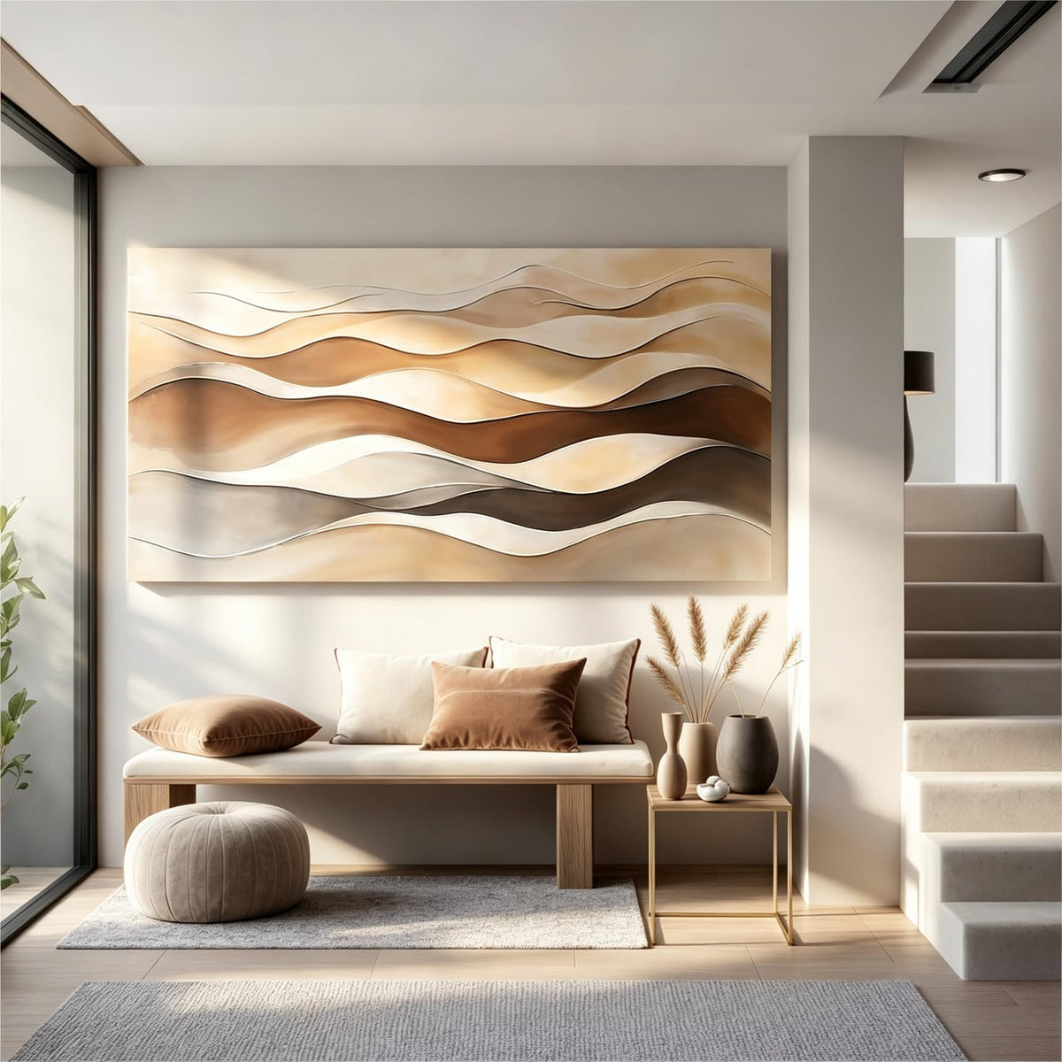 Large Abstract Canvas Wall Art Decor Print Brown White Aesthetic Wall Decor Painting Prints Minimalist Wavy Stripes