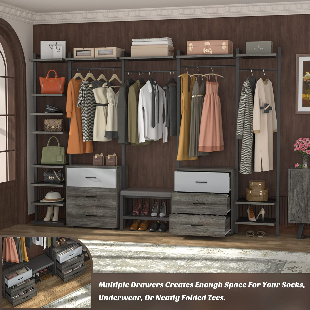 Wall Mounted Closet System, Closet Organizer with 6-Drawers & Rods