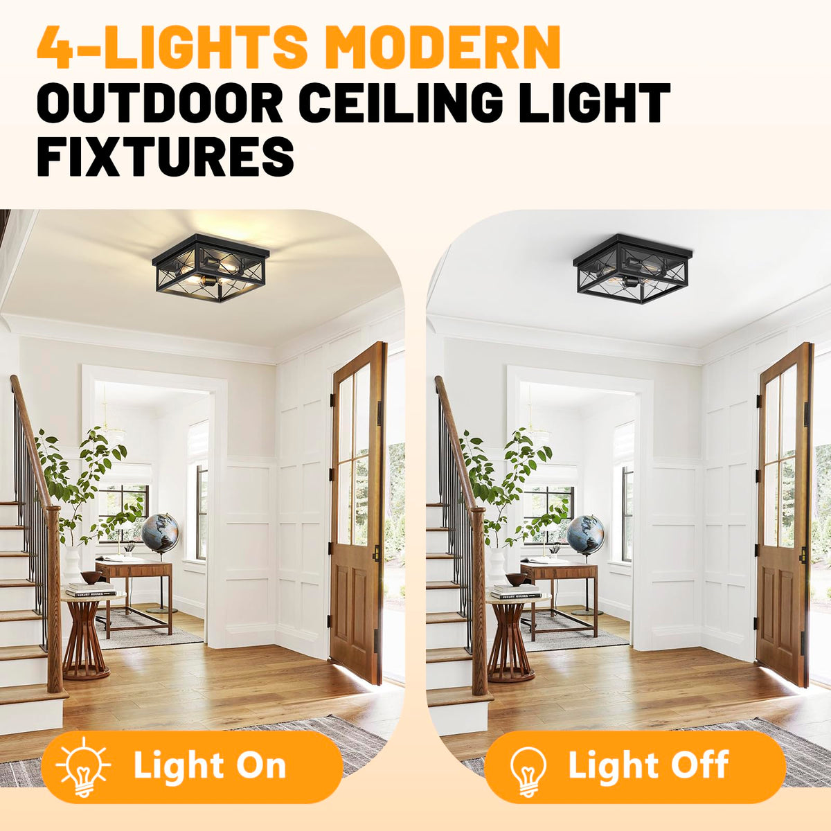 12" Square Flush Mount Ceiling Light with Clear Glass Shade, 4-Light Farmhouse Outdoor Porch Ceiling Light Fixtures