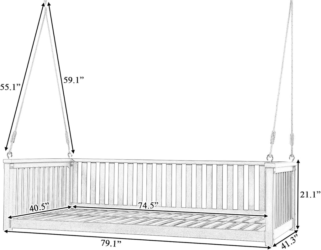 Black Wooden Porch Swing Bed with Safety Rails, 3-Seater Hanging Daybed Swing with Ropes, Outdoor Patio Bench Swing