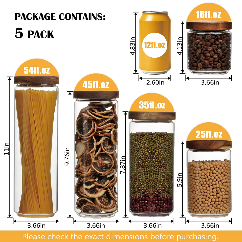 Glass Canisters With Wooden Lids, Kitchen Jars for Storage 5 Pack