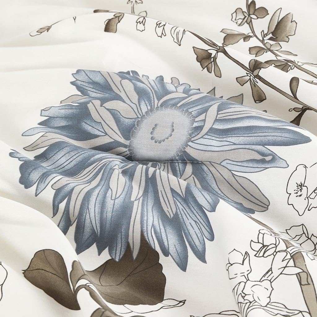 Floral Comforter Set, 100% Cotton Fabric, Vintage Flower Shabby Chic Farmhouse Botanical Cottagecore Sunflower, 3
