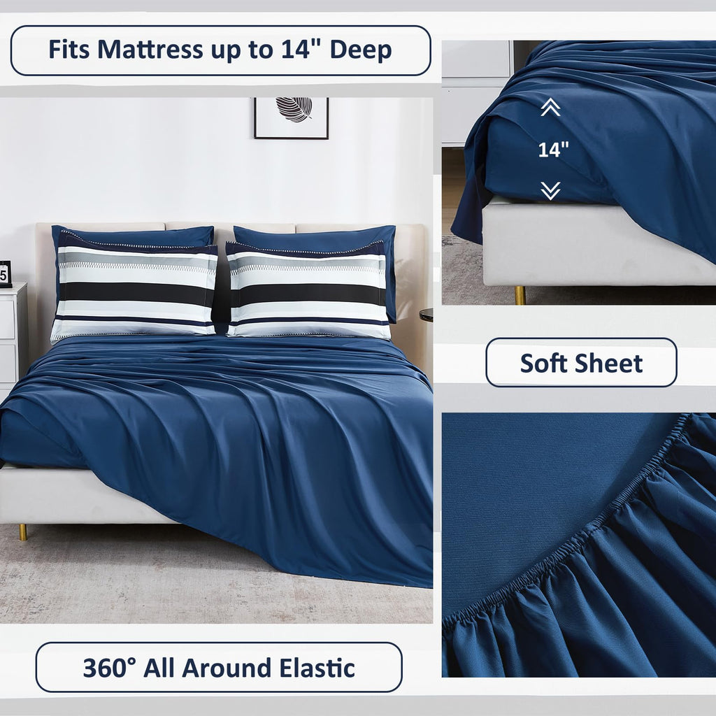 Comforter, Navy Blue Bedding Comforter Set for Bed, Striped Bed in a Bag Comforter Sets for