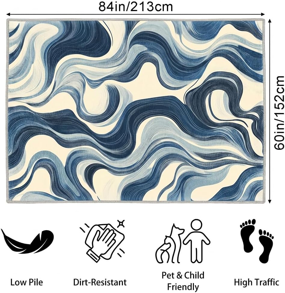 Blue and White Wave Area Rug 5x7 Modern Wavy Stripes Rugs
